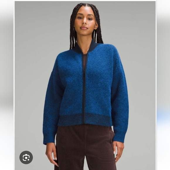 Lululemon Alpaca Wool-Blend Knit Bomber Jacket in Heathered Blazer Blue Size M - Picture 3 of 14